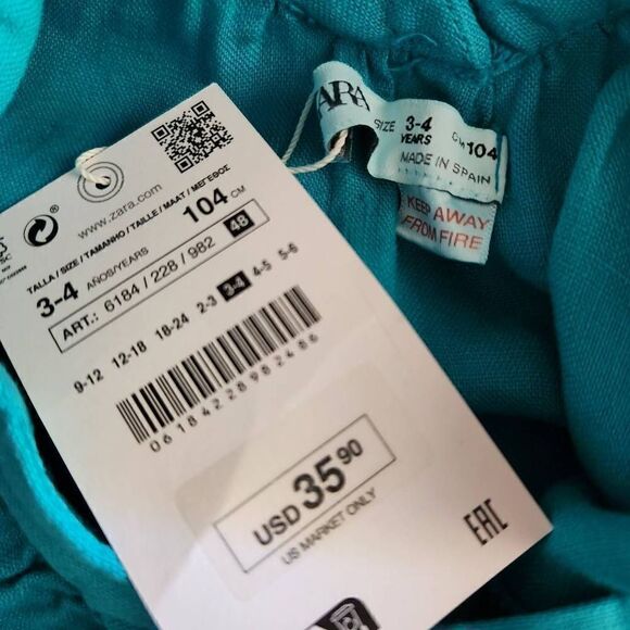 Zara girls size 3-4 year teal green turquoise 100% linen short ruffle sleeve min - Picture 4 of 5